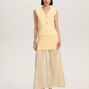 Yellow Elegant Womens V-Neck Sleeveless Top And Contrast Maxi Skirt Set